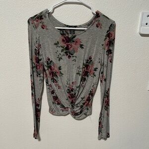 Floral Print Long Sleeve Top - Grey